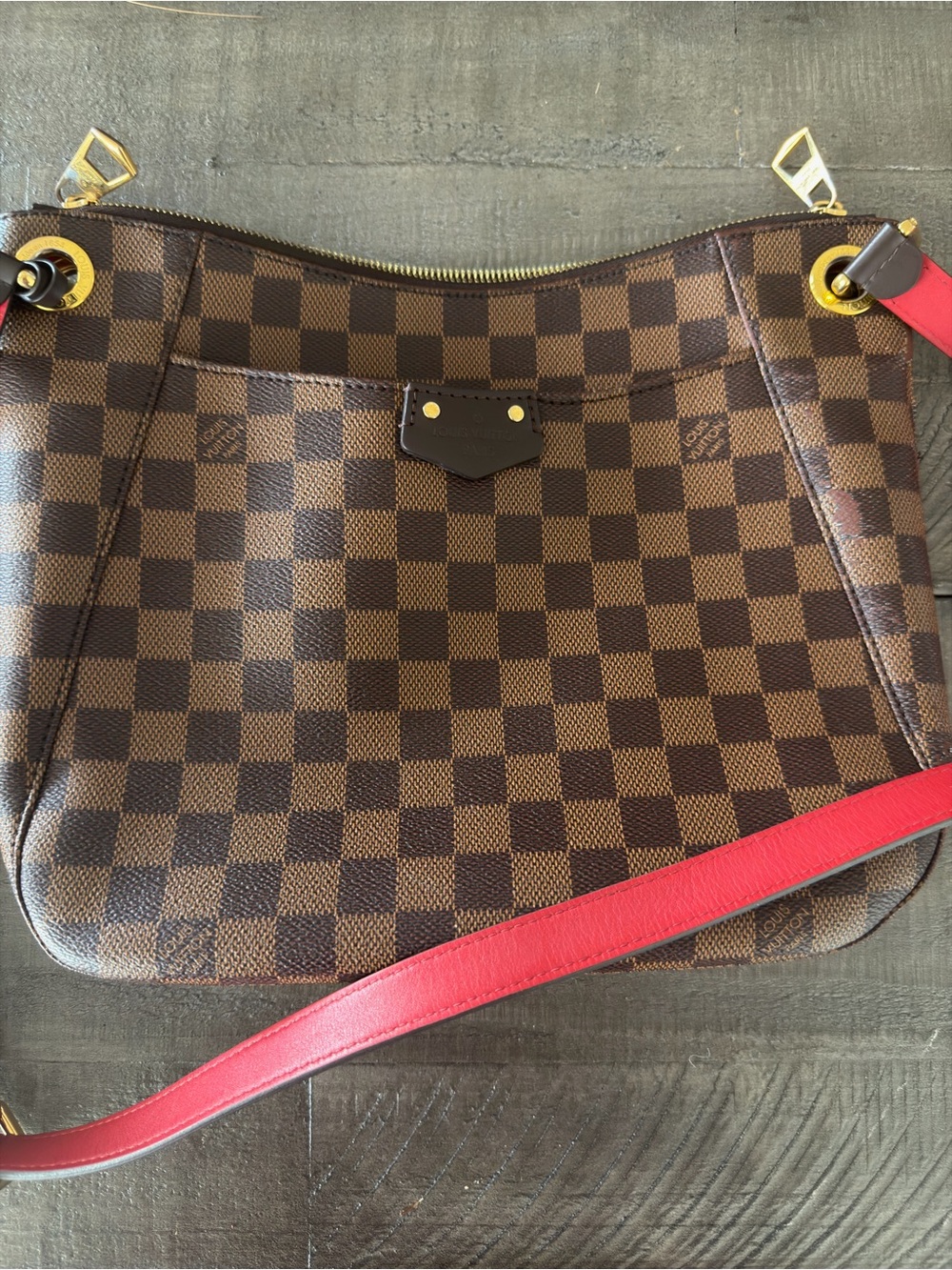 Louis Vuitton Brown Damier Canvas Shoulder Bag with Red Strap